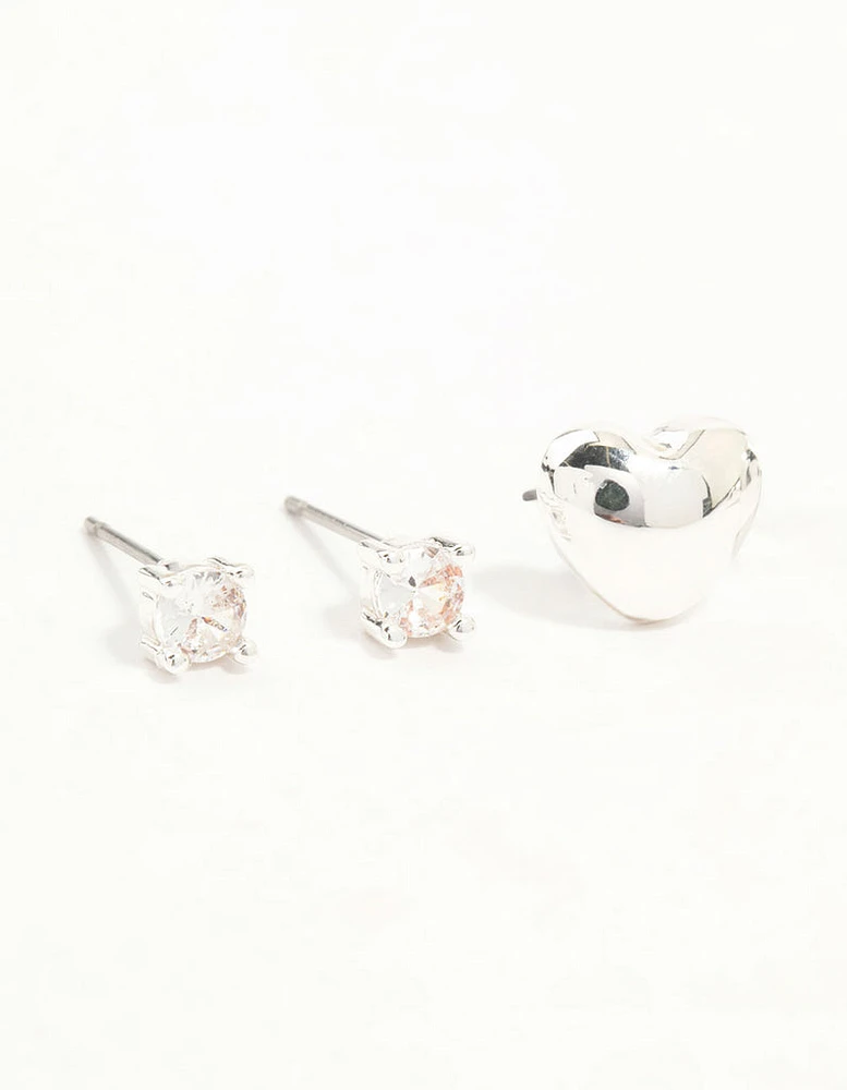 Silver Cubic Zirconia Chubby Heart Stud & Hoop Earrings 3-Pack