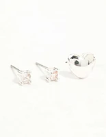 Silver Cubic Zirconia Chubby Heart Stud & Hoop Earrings 3-Pack