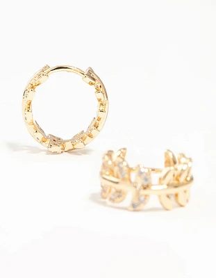 Gold Cubic Zirconia Leafy Huggie Earrings