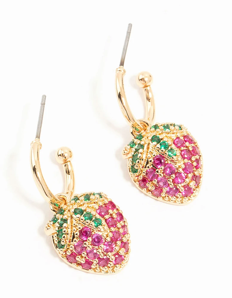 Gold Cubic Zirconia Strawberry Drop Huggie Earrings