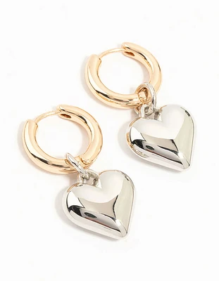 Mixed Metals Medium Chubby Heart Drop Huggie Earrings