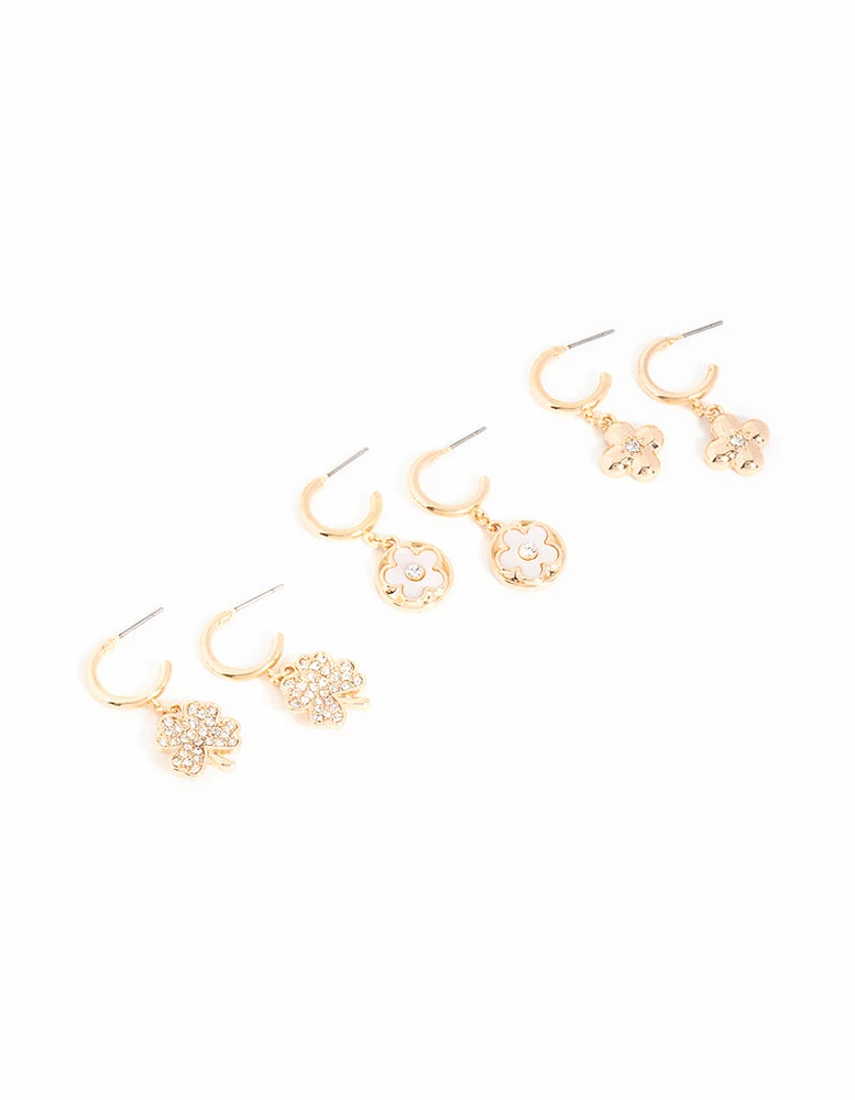 Gold Flower & Clover Earrings 3-Pack