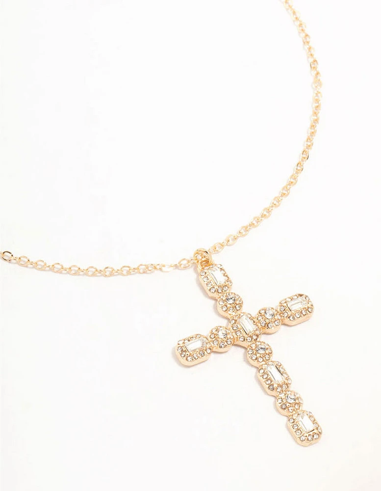 Gold Statement Diamante Cross Necklace