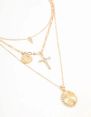 Gold Cross & Coin Layered Necklace