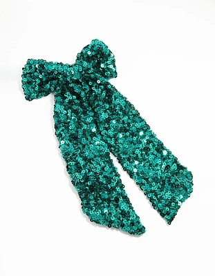 Green Sequin Fabric Long Bow Clip