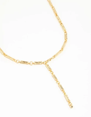 Gold Plated Rectangle & Hammered Y-Necklace