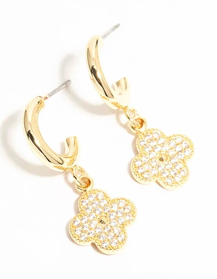 Gold Plated Cubic Zirconia Flower Drop Hoop Earrings