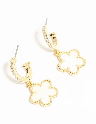 Gold Plated Flower Drop Diamante Hoop Earrings