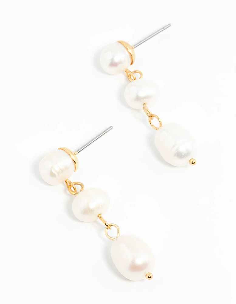 Gold Plated Freshwater Pearl Trio Drop Earrings