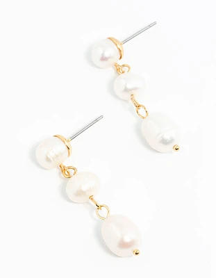 Gold Plated Freshwater Pearl Trio Drop Earrings