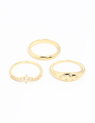 Gold Plated Cubic Zirconia Cluster & Plain Rings 3-Pack