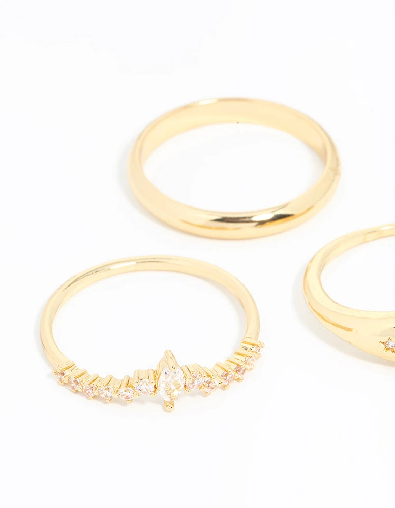 Gold Plated Cubic Zirconia Cluster & Plain Rings 3-Pack