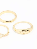 Gold Plated Cubic Zirconia Cluster & Plain Rings 3-Pack