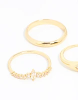 Gold Plated Cubic Zirconia Cluster & Plain Rings 3-Pack