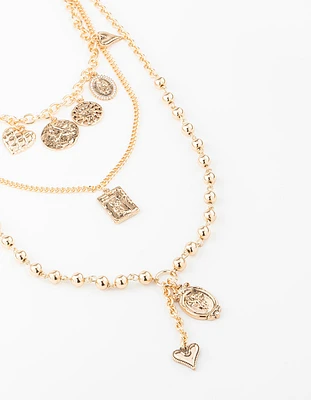 Gold Heart & Textured Charm Layered Necklace