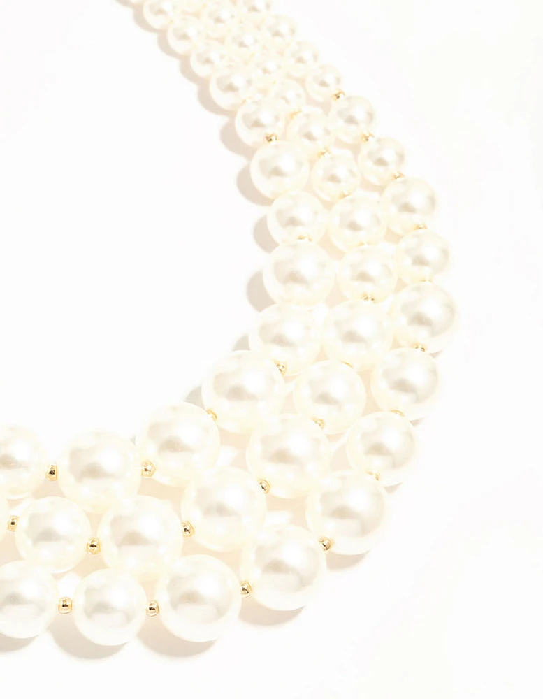 Gold Plated Pearl Triple Row Layered Necklace