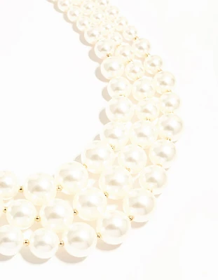 Gold Plated Pearl Triple Row Layered Necklace