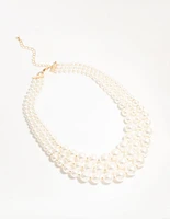 Gold Plated Pearl Triple Row Layered Necklace