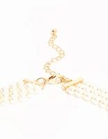 Gold Plated Pearl Triple Row Layered Necklace