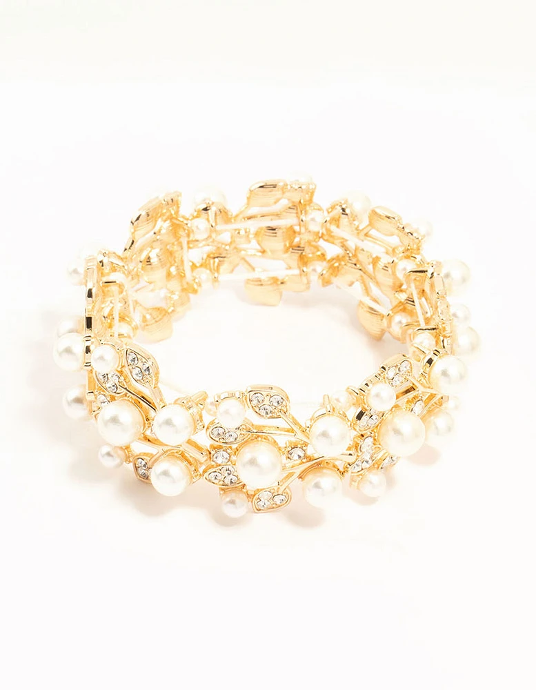 Gold Diamante Flower & Pearls Stretch Bracelet