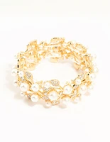 Gold Diamante Flower & Pearls Stretch Bracelet