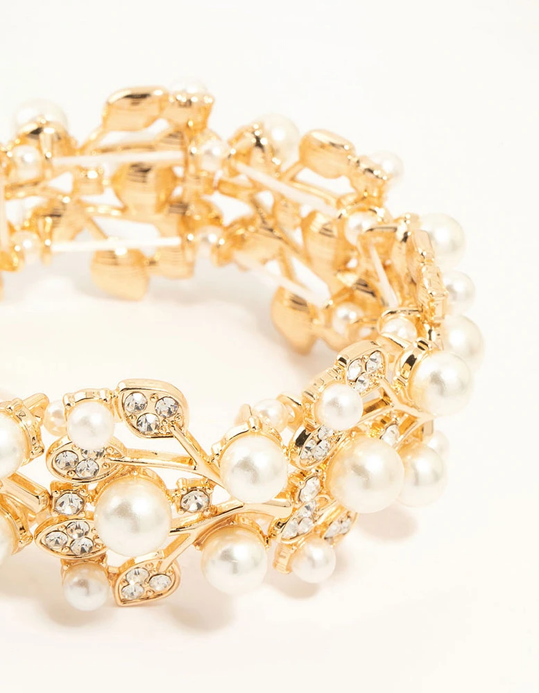 Gold Diamante Flower & Pearls Stretch Bracelet