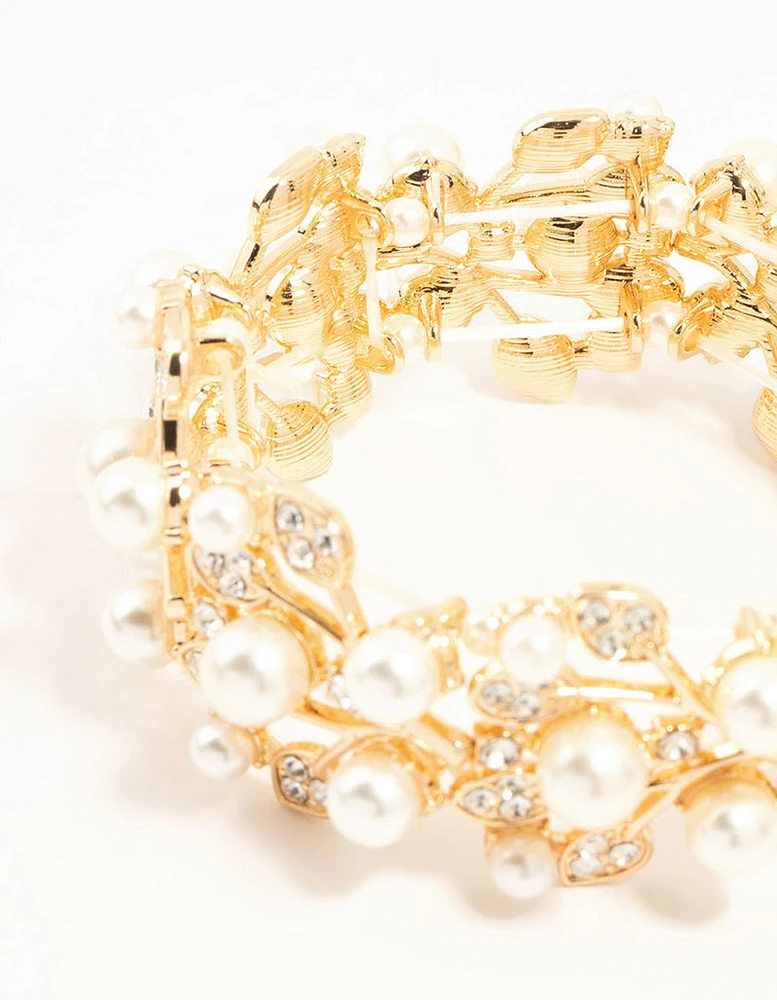 Gold Diamante Flower & Pearls Stretch Bracelet