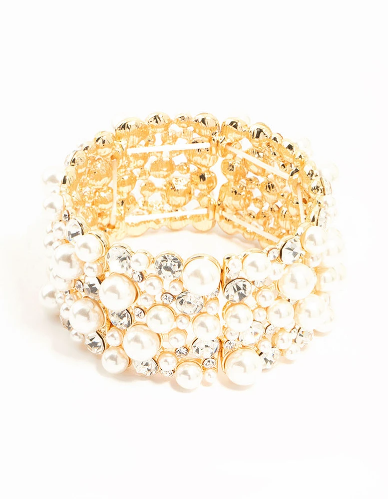 Gold Pearl & Diamante Stretch Bracelet