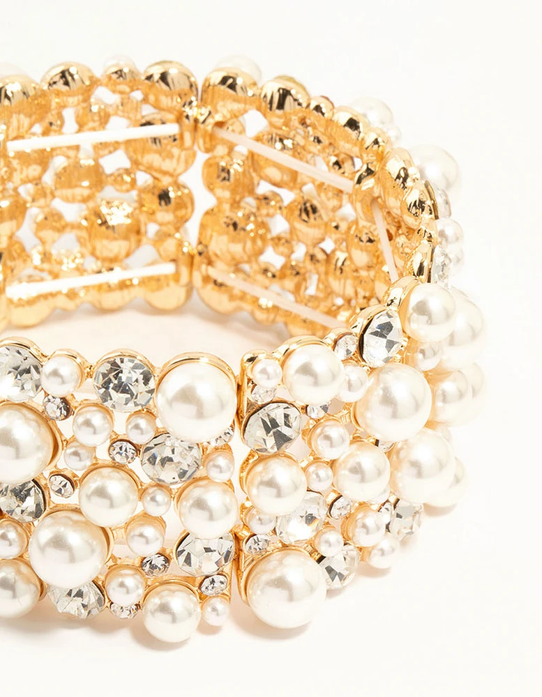 Gold Pearl & Diamante Stretch Bracelet