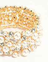 Gold Pearl & Diamante Stretch Bracelet