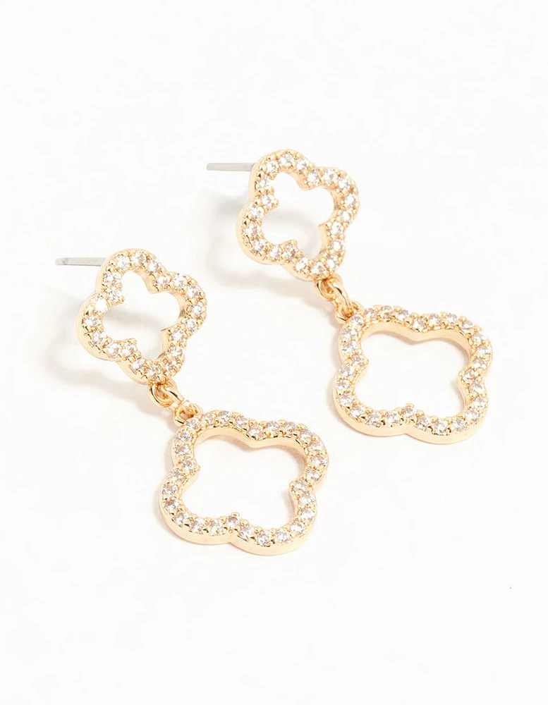 Gold Cubic Zirconia Clover Drop Earrings