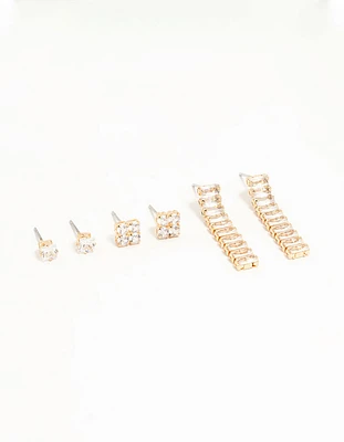 Gold Cubic Zirconia Stud Earrings 3-Pack