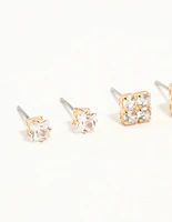 Gold Cubic Zirconia Stud Earrings 3-Pack