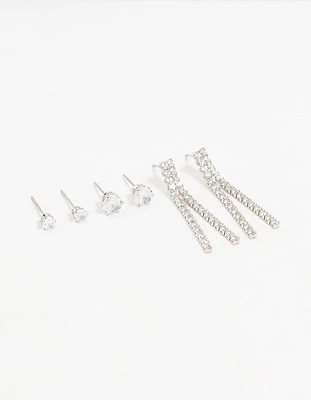 Rhodium Plated Cubic Zirconia Stud Earrings 3-Pack