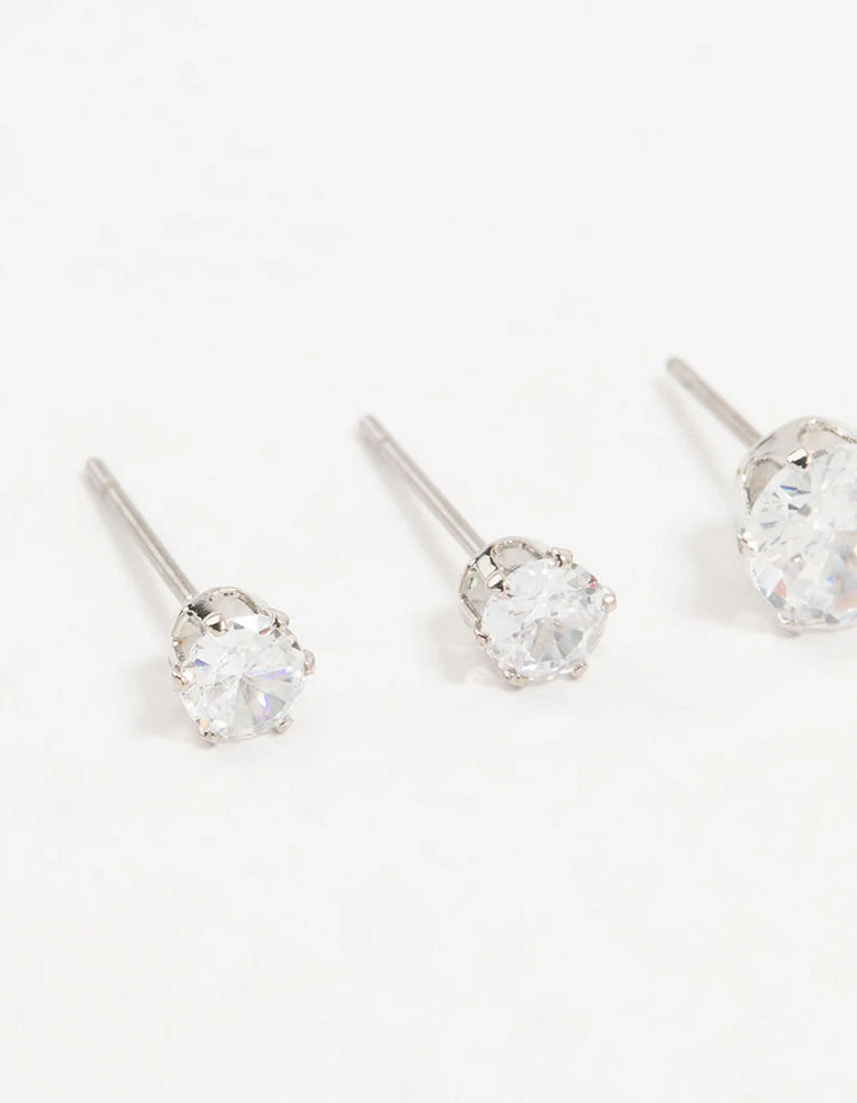 Silver Cubic Zirconia Stud Earrings 3-Pack