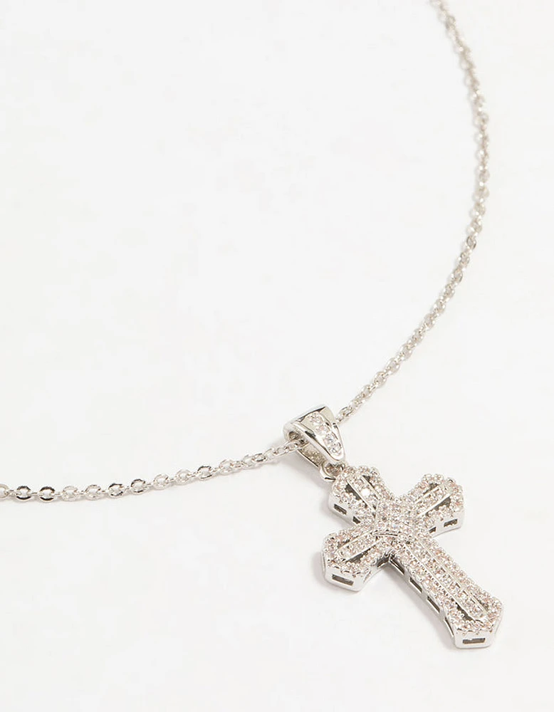 Silver Plated Mini Radiant Cubic Zirconia Cross Necklace