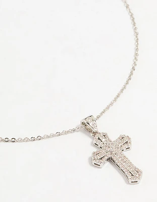 Silver Plated Mini Radiant Cubic Zirconia Cross Necklace