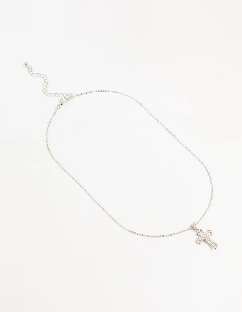 Silver Plated Mini Radiant Cubic Zirconia Cross Necklace