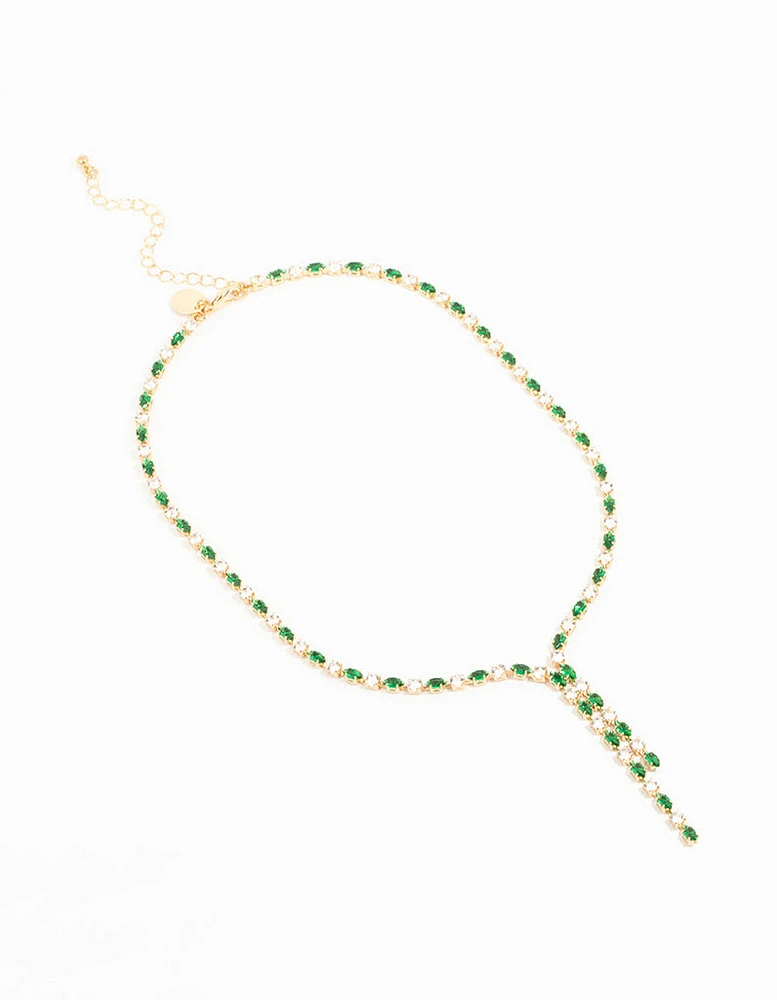 Gold Green Cubic Zirconia Marquise Layered Y-Necklace