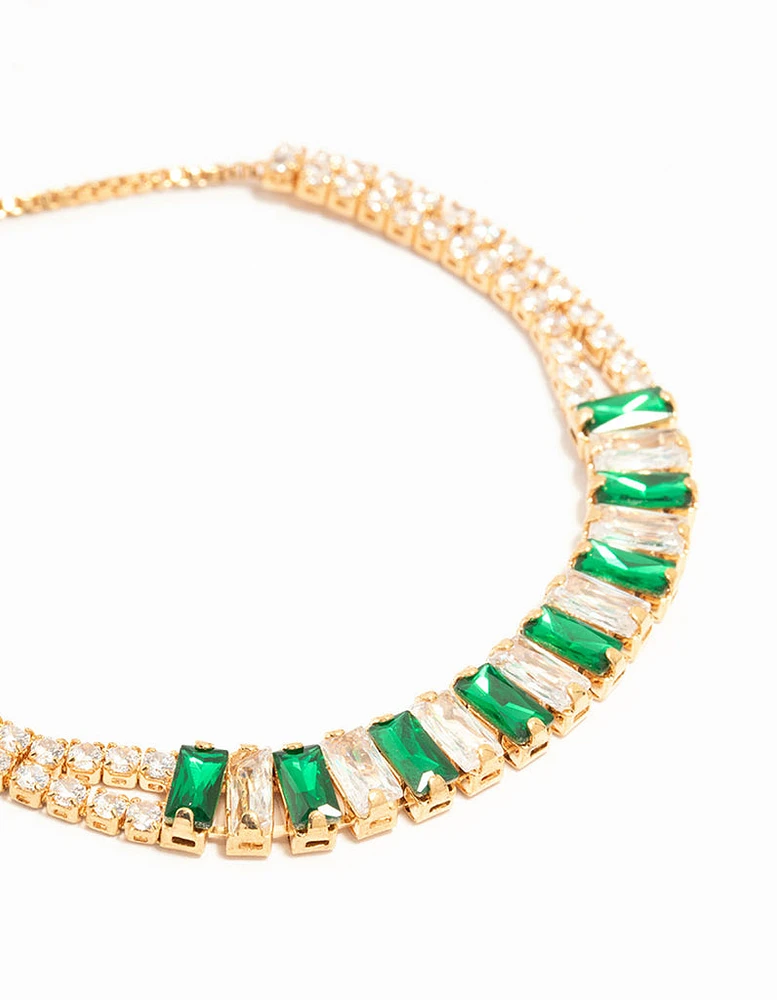 Gold Baguette Cut Green Cubic Zirconia Toggle Bracelet