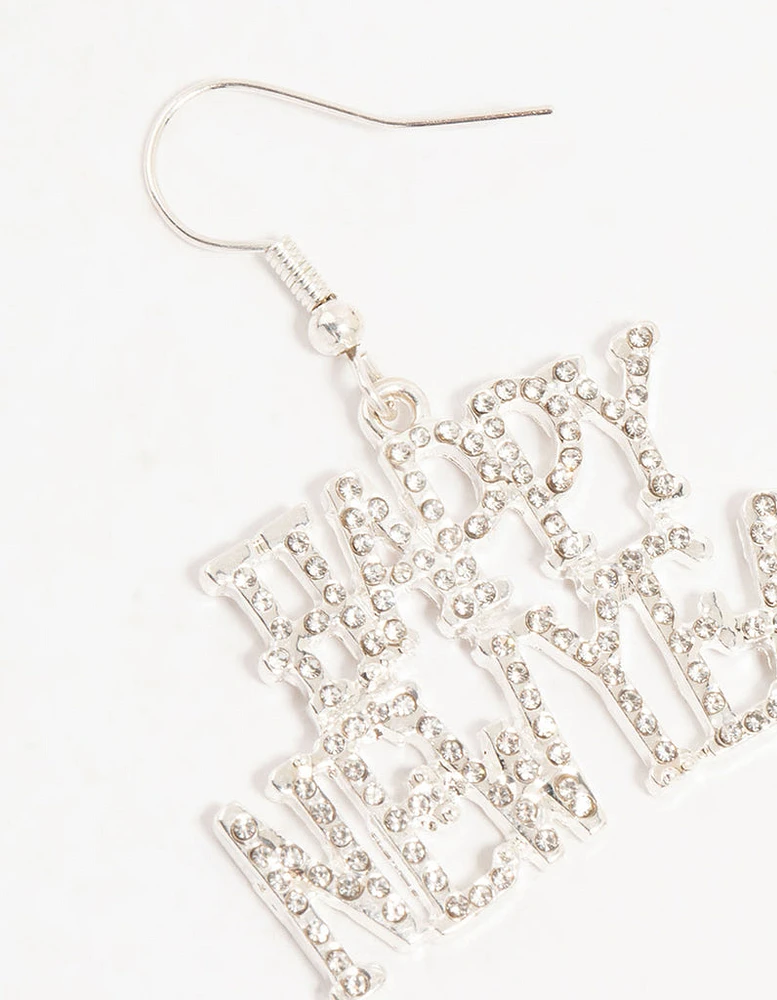 Silver Happy New Year Diamante Drop Earrings