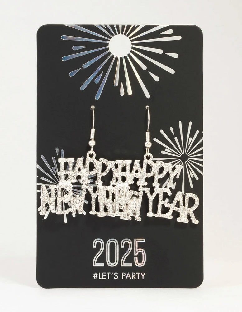 Silver Happy New Year Diamante Drop Earrings