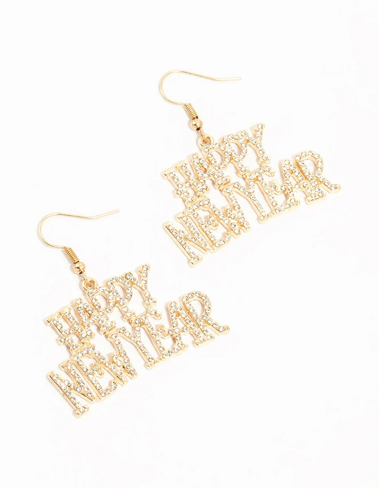 Gold Diamante Happy New Year Drop Earrings