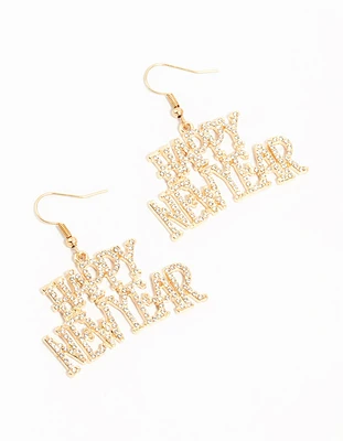 Gold Diamante Happy New Year Drop Earrings