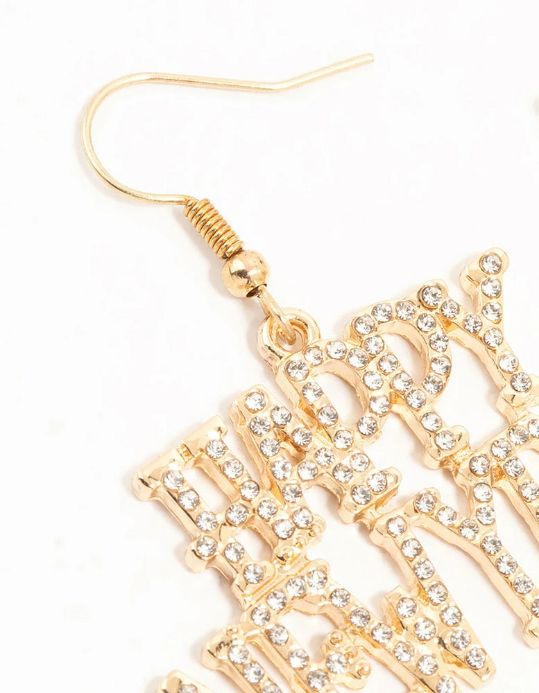 Gold Diamante Happy New Year Drop Earrings