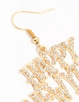 Gold Diamante Happy New Year Drop Earrings