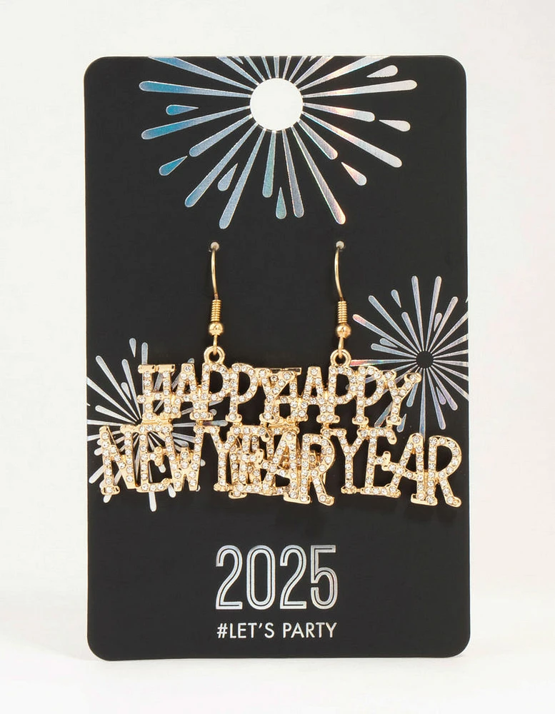 Gold Diamante Happy New Year Drop Earrings