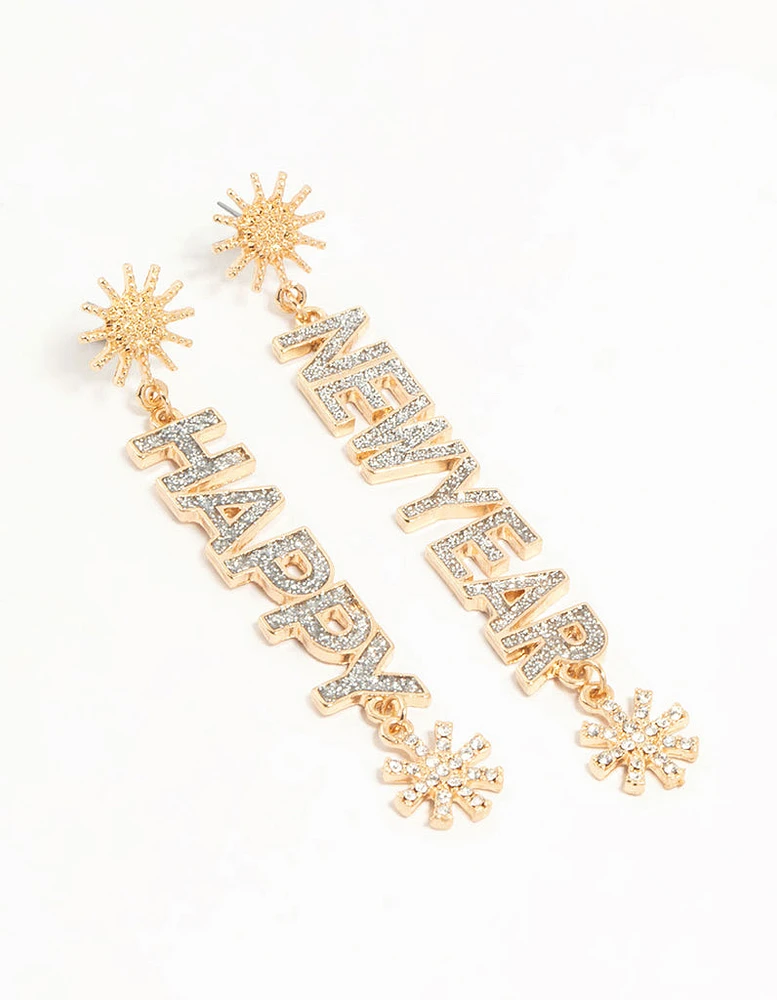 Gold Happy New Years Eve Diamante Drop Earrings