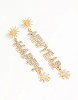 Gold Happy New Years Eve Diamante Drop Earrings