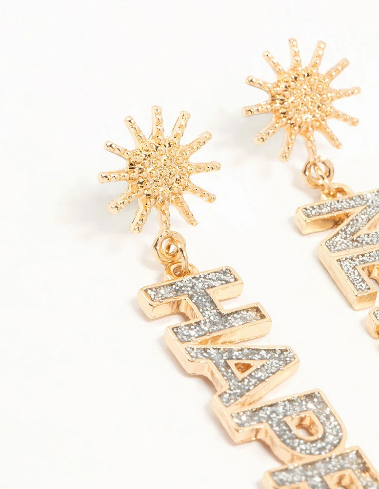 Gold Happy New Years Eve Diamante Drop Earrings